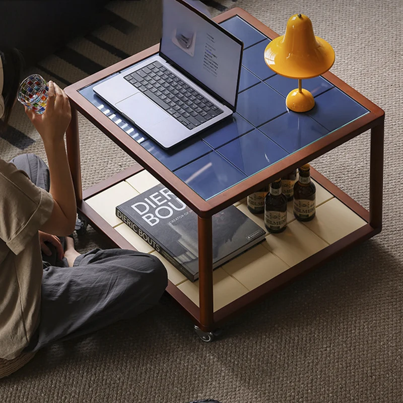 Contemporary Scandinavian Square Movable Boxwood Tempered Glass Solid Wood Multi-Layer Board End Table 2-Tier For Living Room