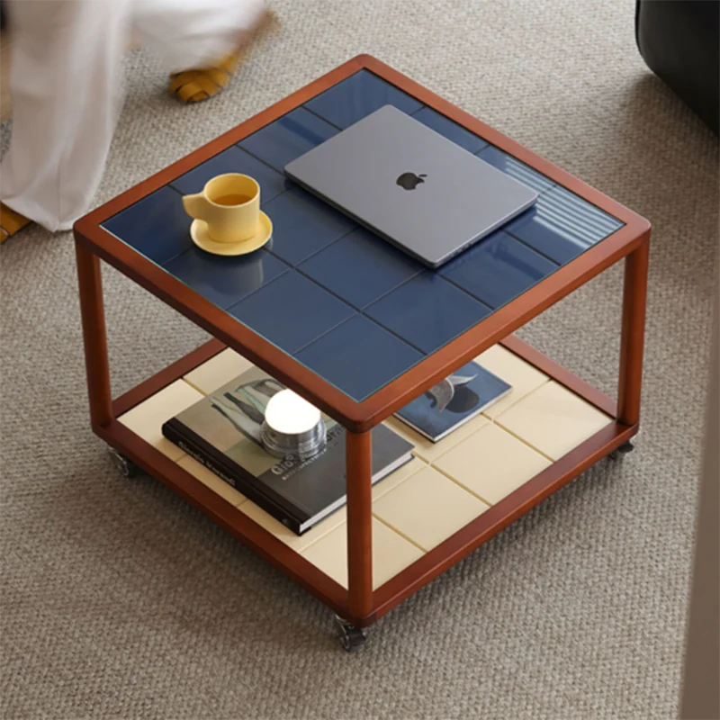 Contemporary Scandinavian Square Movable Boxwood Tempered Glass Solid Wood Multi-Layer Board End Table 2-Tier For Living Room