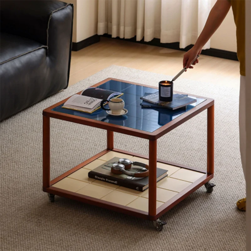 Contemporary Scandinavian Square Movable Boxwood Tempered Glass Solid Wood Multi-Layer Board End Table 2-Tier For Living Room