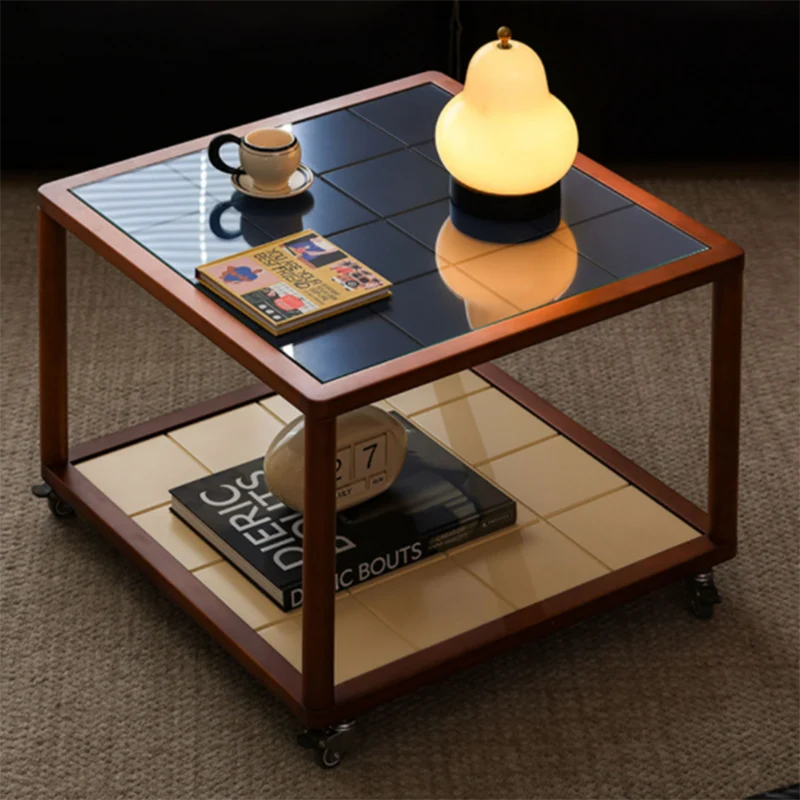 Contemporary Scandinavian Square Movable Boxwood Tempered Glass Solid Wood Multi-Layer Board End Table 2-Tier For Living Room