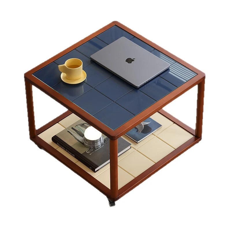 Contemporary Scandinavian Square Movable Boxwood Tempered Glass Solid Wood Multi-Layer Board End Table 2-Tier For Living Room