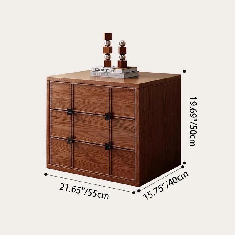 Modern Mid-Century Square Checkerboard Ash Wood Pine & Red Oak Nightstand 3-Drawer For Living Room & Bedroom