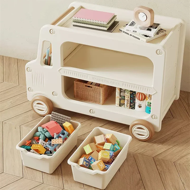 Modern Art Deco Car-Shaped Eco-Friendly HDPE Movable Kids Storage End Table 3-Tier For Living Room