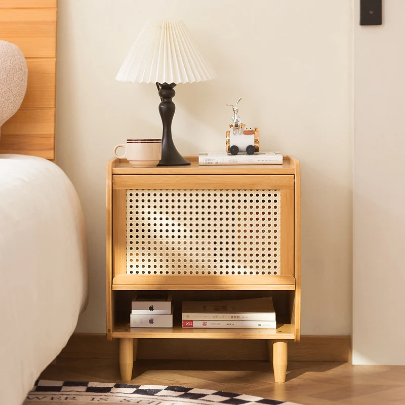Traditional Japanese Square Rectangular Nan Bamboo MDF Plastic Rattan Weaving Nightstand 1-Cabinet For Bedroom