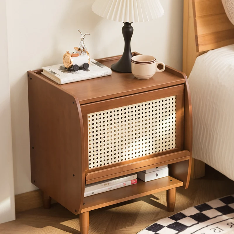 Traditional Japanese Square Rectangular Nan Bamboo MDF Plastic Rattan Weaving Nightstand 1-Cabinet For Bedroom