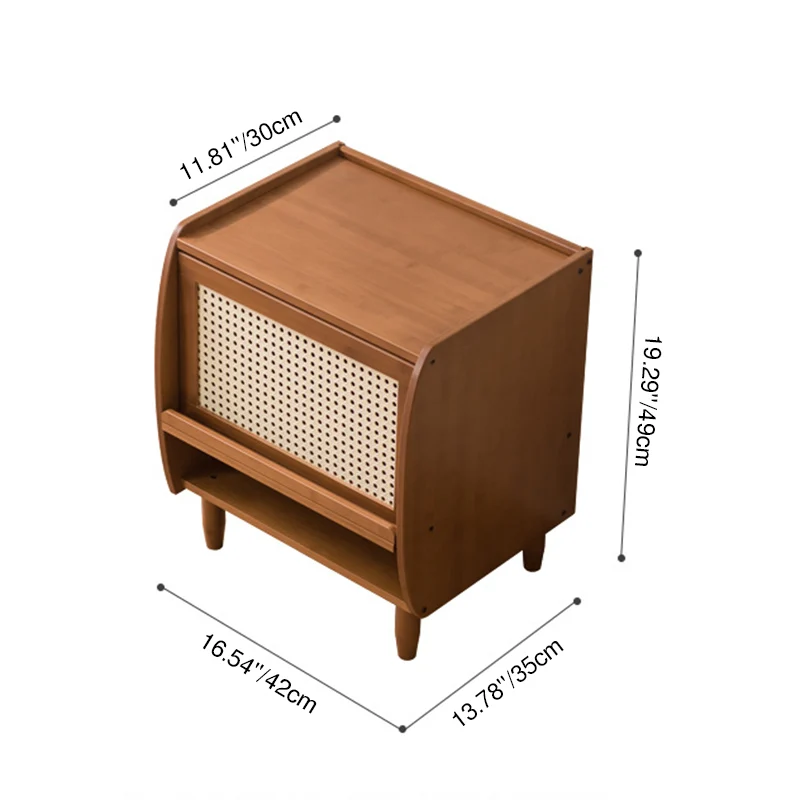 Traditional Japanese Square Rectangular Nan Bamboo MDF Plastic Rattan Weaving Nightstand 1-Cabinet For Bedroom