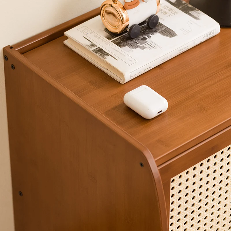 Traditional Japanese Square Rectangular Nan Bamboo MDF Plastic Rattan Weaving Nightstand 1-Cabinet For Bedroom