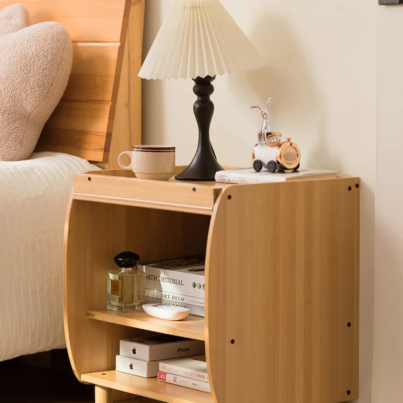 Traditional Japanese Square Rectangular Nan Bamboo MDF Plastic Rattan Weaving Nightstand 1-Cabinet For Bedroom