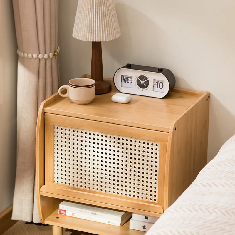 Traditional Japanese Square Rectangular Nan Bamboo MDF Plastic Rattan Weaving Nightstand 1-Cabinet For Bedroom