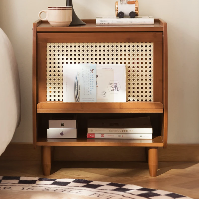 Traditional Japanese Square Rectangular Nan Bamboo MDF Plastic Rattan Weaving Nightstand 1-Cabinet For Bedroom