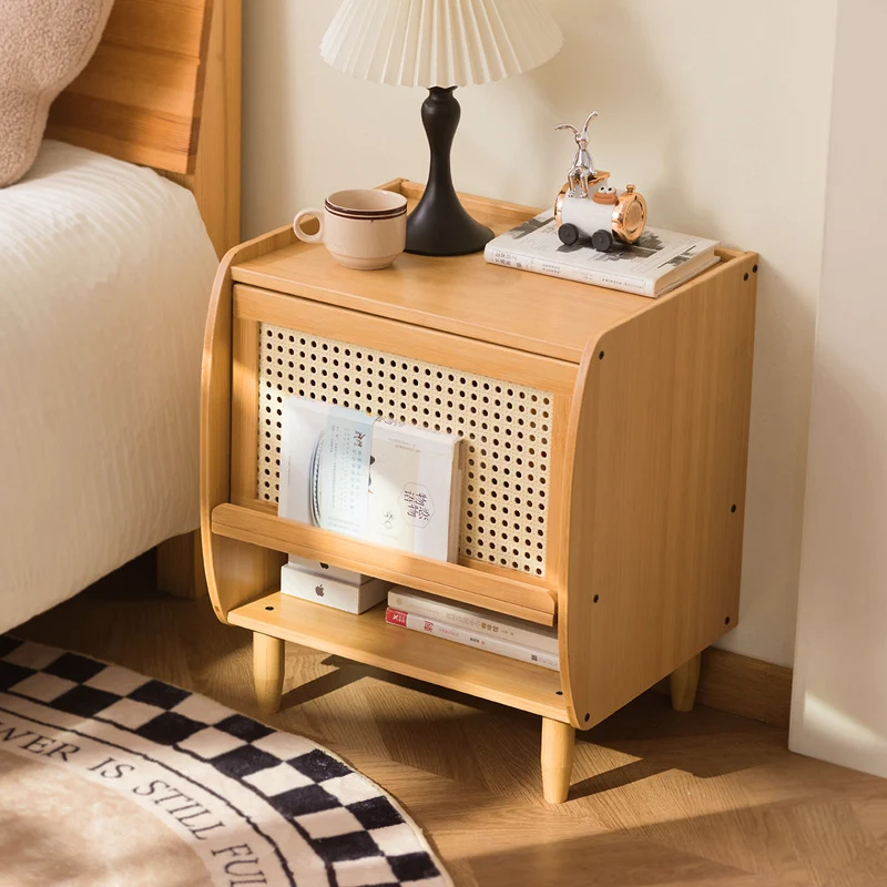 Traditional Japanese Square Rectangular Nan Bamboo MDF Plastic Rattan Weaving Nightstand 1-Cabinet For Bedroom