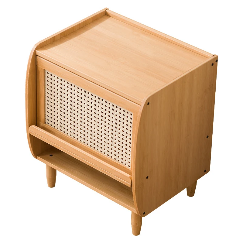 Traditional Japanese Square Rectangular Nan Bamboo MDF Plastic Rattan Weaving Nightstand 1-Cabinet For Bedroom