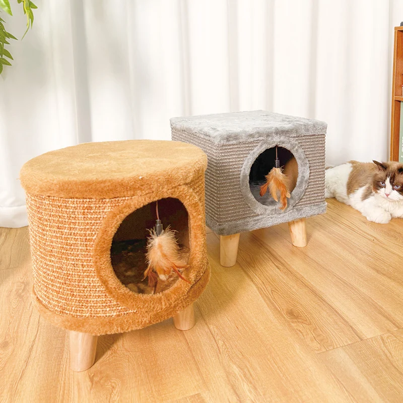 Modern Minimalist Cylindrical & Square Particleboard Flannelette Wood Pet-Human Shared Low Stool Backrest Armless For Living Room