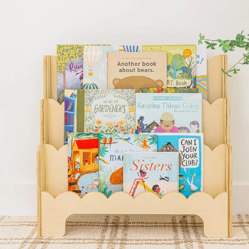 Contemporary Nordic Fan-Shaped Pine Wood & Plywood Kids Bookshelf 3-Layer For Living Room & Study Room
