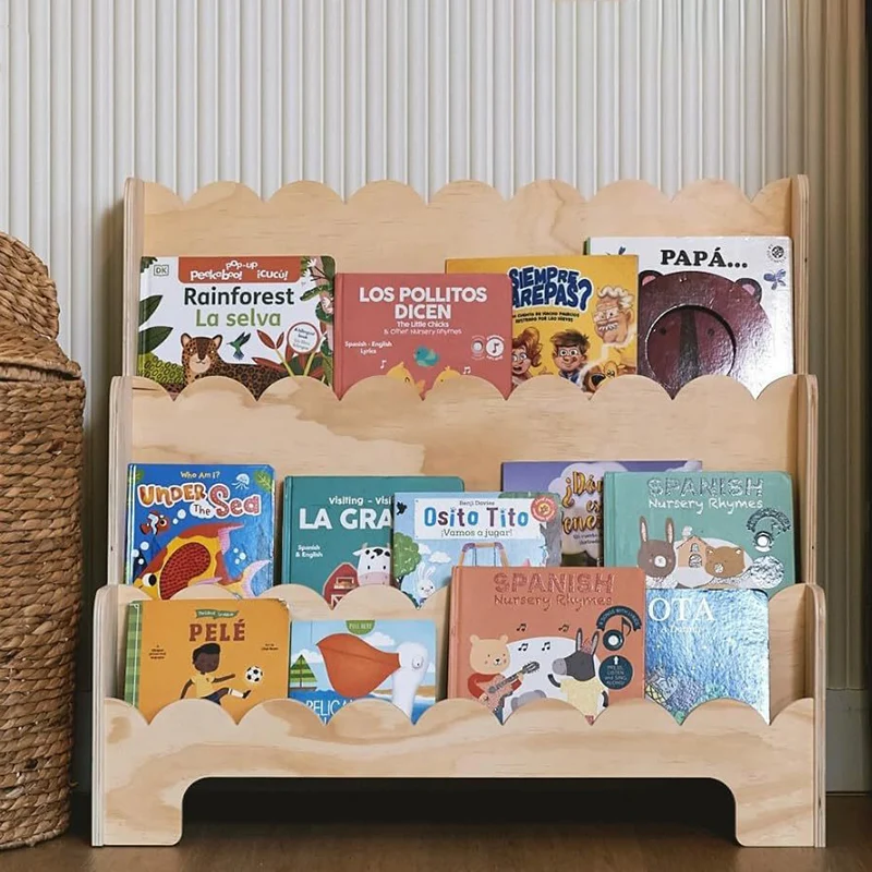 Contemporary Nordic Fan-Shaped Pine Wood & Plywood Kids Bookshelf 3-Layer For Living Room & Study Room