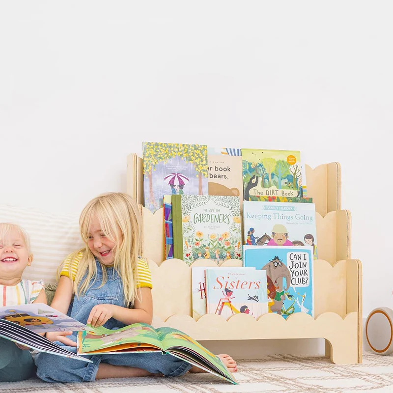 Contemporary Nordic Fan-Shaped Pine Wood & Plywood Kids Bookshelf 3-Layer For Living Room & Study Room