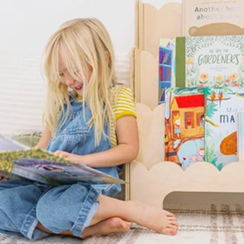 Contemporary Nordic Fan-Shaped Pine Wood & Plywood Kids Bookshelf 3-Layer For Living Room & Study Room