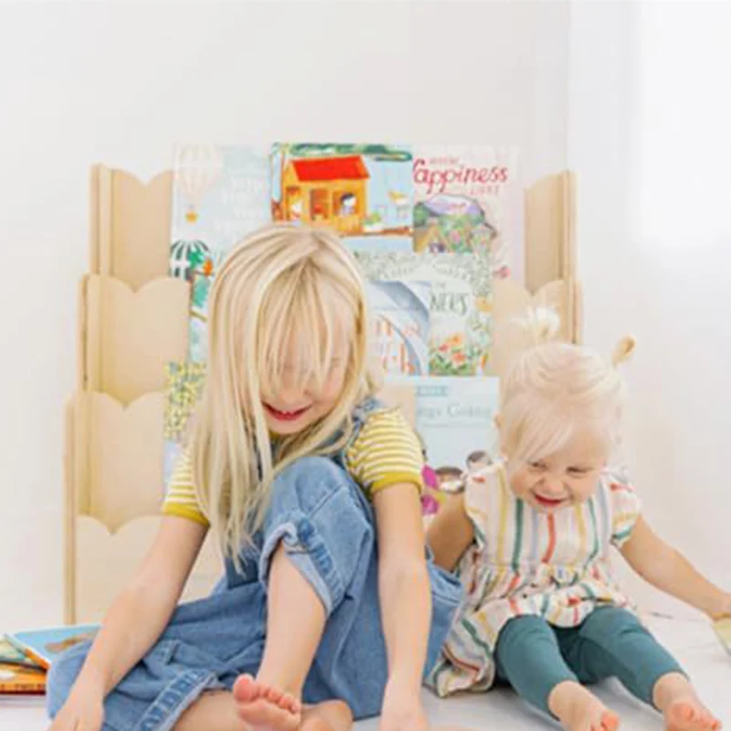 Contemporary Nordic Fan-Shaped Pine Wood & Plywood Kids Bookshelf 3-Layer For Living Room & Study Room