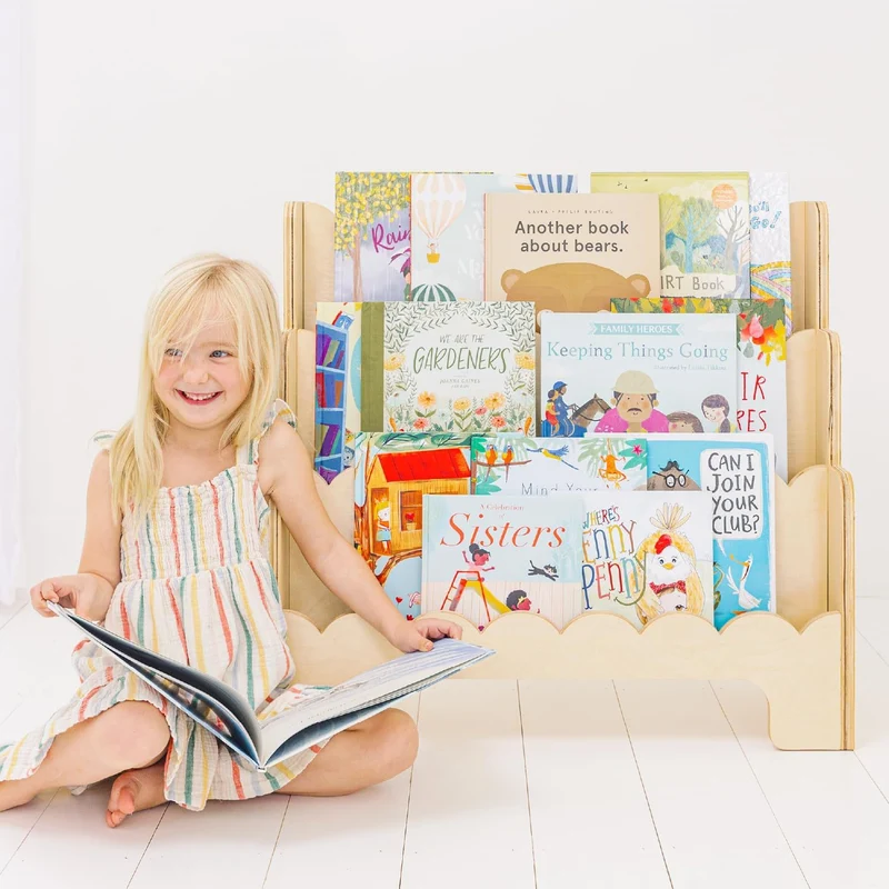 Contemporary Nordic Fan-Shaped Pine Wood & Plywood Kids Bookshelf 3-Layer For Living Room & Study Room
