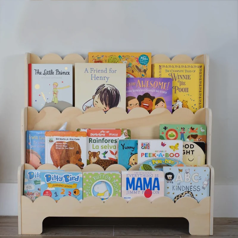 Contemporary Nordic Fan-Shaped Pine Wood & Plywood Kids Bookshelf 3-Layer For Living Room & Study Room