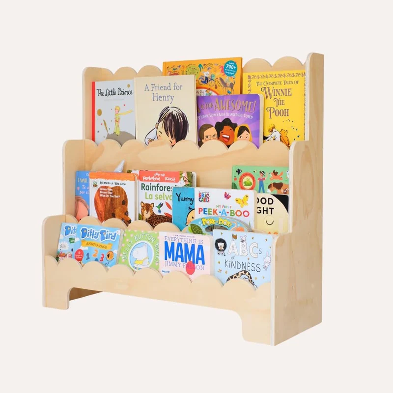 Contemporary Nordic Fan-Shaped Pine Wood & Plywood Kids Bookshelf 3-Layer For Living Room & Study Room