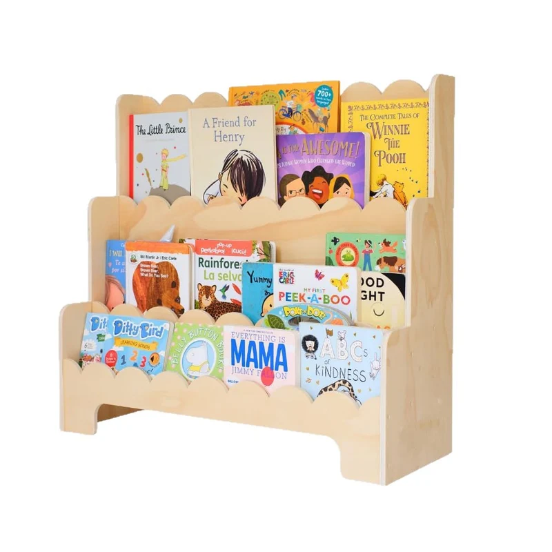 Contemporary Nordic Fan-Shaped Pine Wood & Plywood Kids Bookshelf 3-Layer For Living Room & Study Room