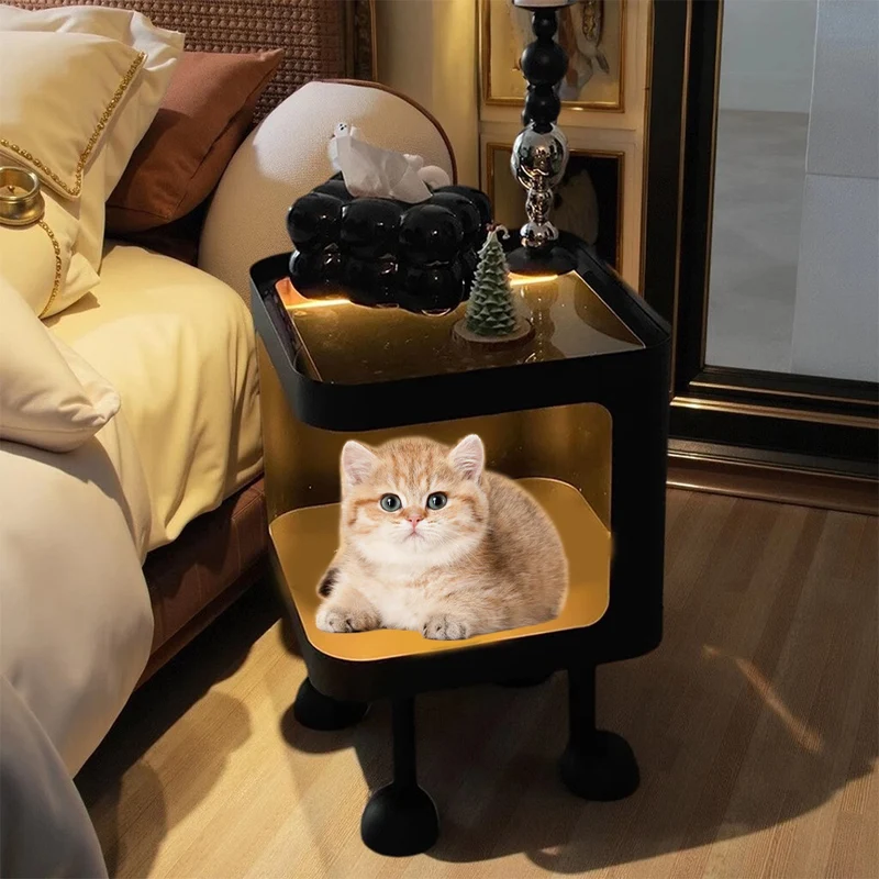 Modern Minimalist Iron Glass Square Cat Bed Nightstand 1-Cabinet For Bedroom