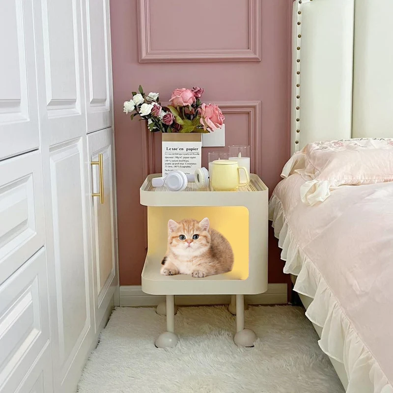Modern Minimalist Iron Glass Square Cat Bed Nightstand 1-Cabinet For Bedroom