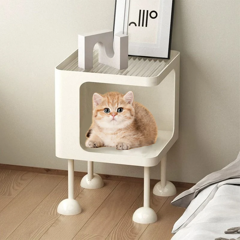 Modern Minimalist Iron Glass Square Cat Bed Nightstand 1-Cabinet For Bedroom