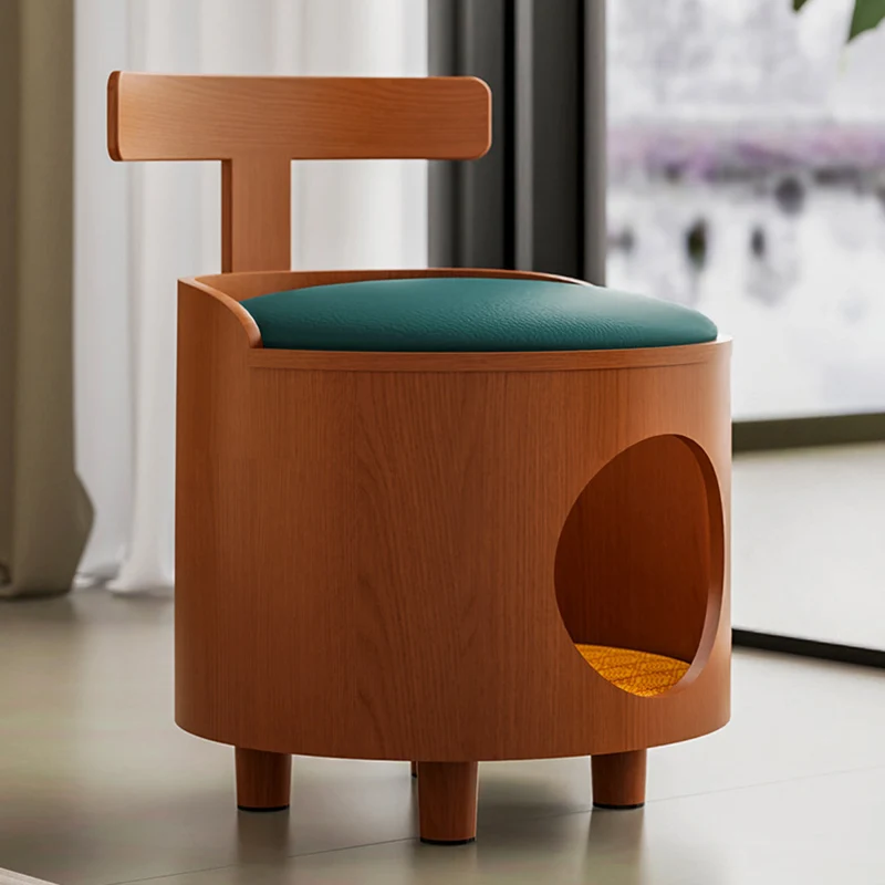 Contemporary Scandinavian Round Plywood Faux Leather Sponge Cat Bed Low Stool Backrest Armless For Living Room