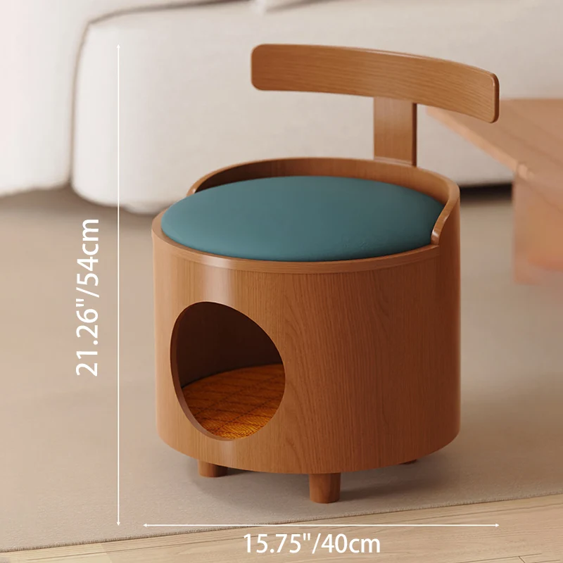 Contemporary Scandinavian Round Plywood Faux Leather Sponge Cat Bed Low Stool Backrest Armless For Living Room