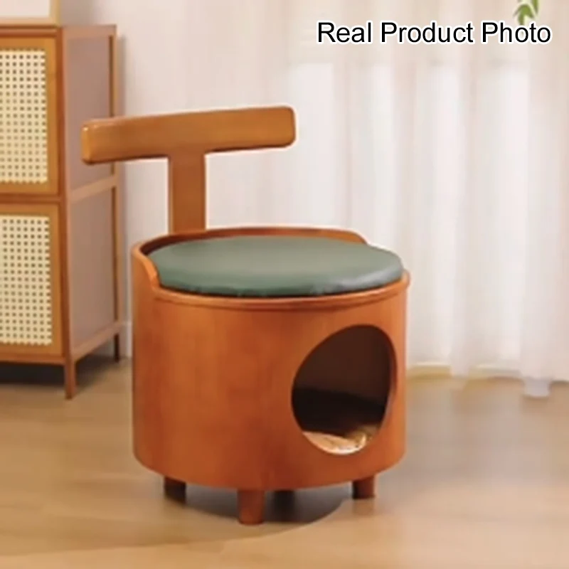 Contemporary Scandinavian Round Plywood Faux Leather Sponge Cat Bed Low Stool Backrest Armless For Living Room