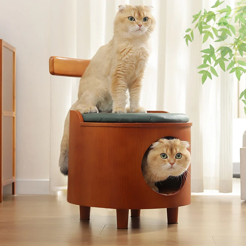 Contemporary Scandinavian Round Plywood Faux Leather Sponge Cat Bed Low Stool Backrest Armless For Living Room