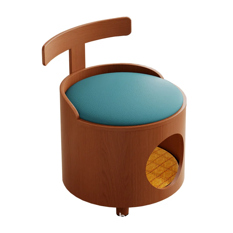 Contemporary Scandinavian Round Plywood Faux Leather Sponge Cat Bed Low Stool Backrest Armless For Living Room