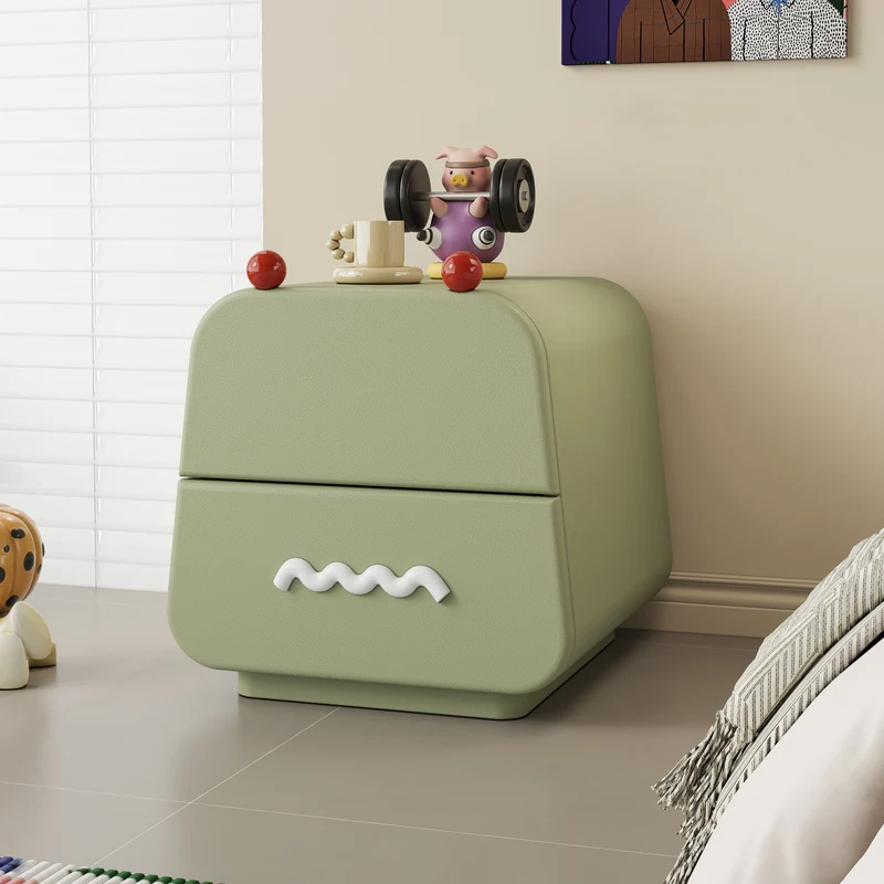 Contemporary Nordic Pine Wood Cat Scratching Leather Solid Wood Multi-Layer Board Trapezoidal Nightstand 2-Drawer For Bedroom