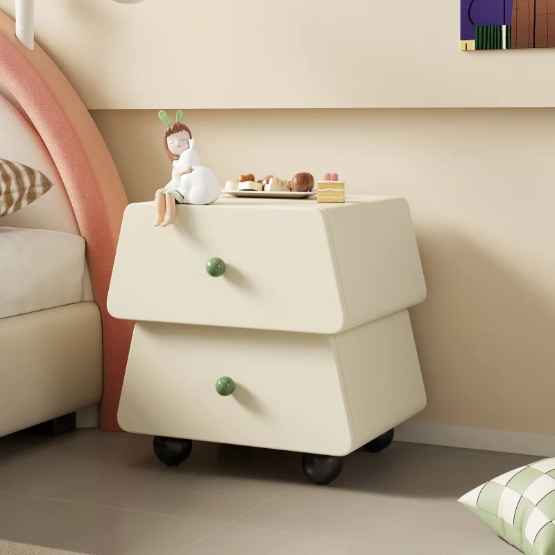 Modern Minimalist Trapezoidal Solid Wood Cat Scratching Leather Nightstand 2-Drawer For Bedroom