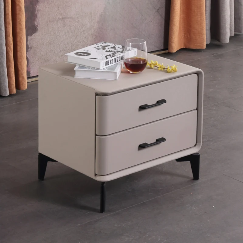 Modern Minimalist Light Beige 2-Drawer Storage Nightstand - Faux Leather Bedside Table For Bedroom