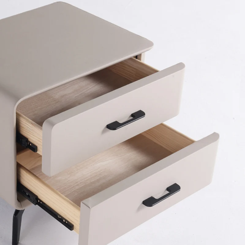 Modern Minimalist Light Beige 2-Drawer Storage Nightstand - Faux Leather Bedside Table For Bedroom