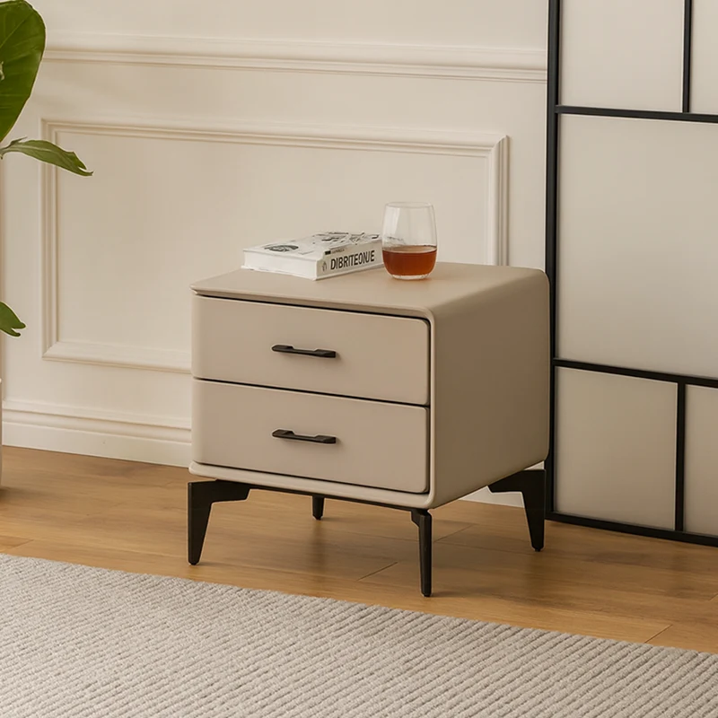 Modern Minimalist Light Beige 2-Drawer Storage Nightstand - Faux Leather Bedside Table For Bedroom