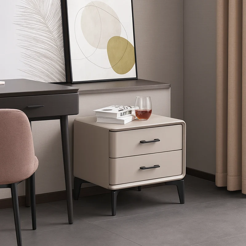 Modern Minimalist Light Beige 2-Drawer Storage Nightstand - Faux Leather Bedside Table For Bedroom