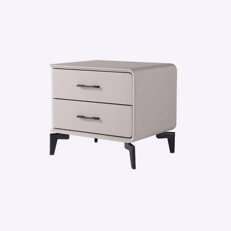 Modern Minimalist Light Beige 2-Drawer Storage Nightstand - Faux Leather Bedside Table For Bedroom