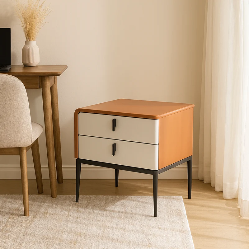 Modern Luxury Orange Faux Leather 2-Drawer Storage Nightstand - Matte Finish Bedside Table For Bedroom
