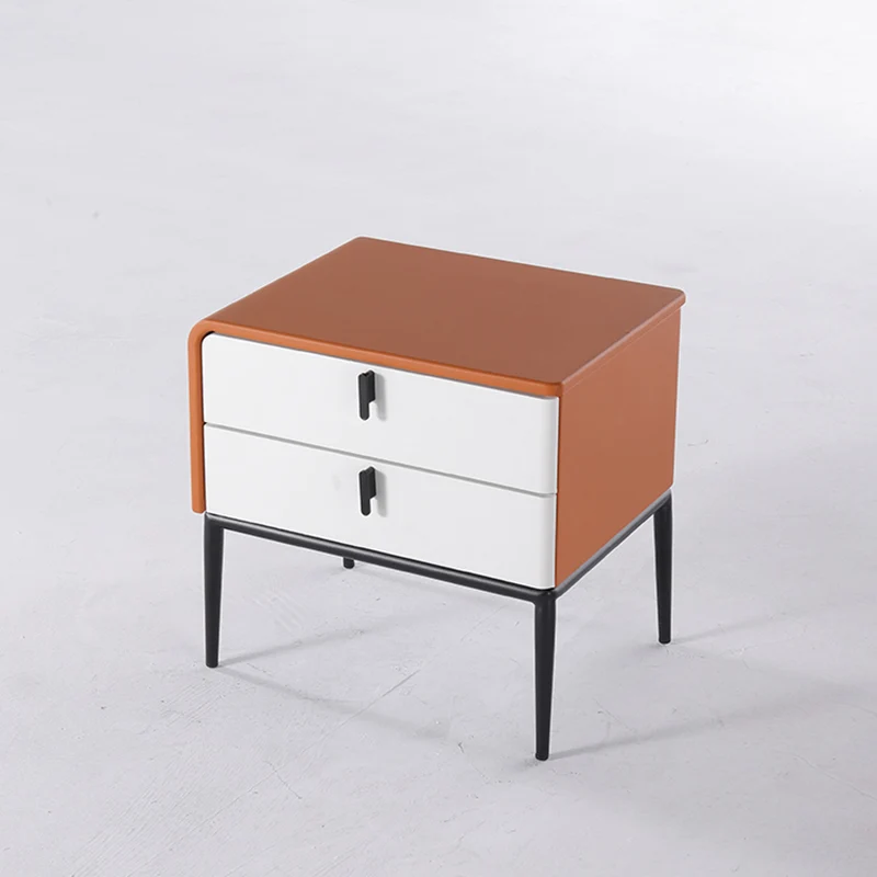 Modern Luxury Orange Faux Leather 2-Drawer Storage Nightstand - Matte Finish Bedside Table For Bedroom