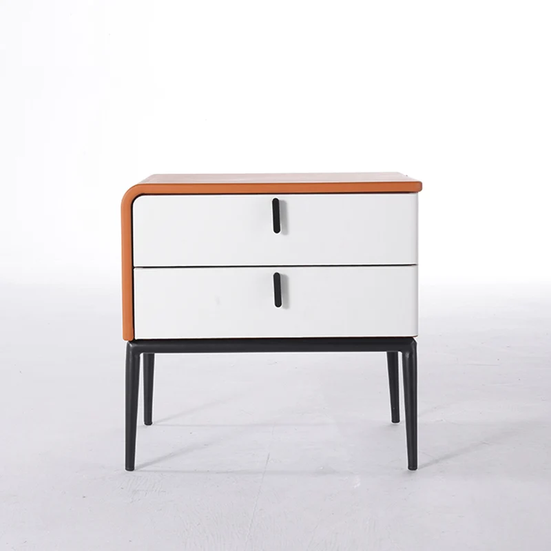Modern Luxury Orange Faux Leather 2-Drawer Storage Nightstand - Matte Finish Bedside Table For Bedroom