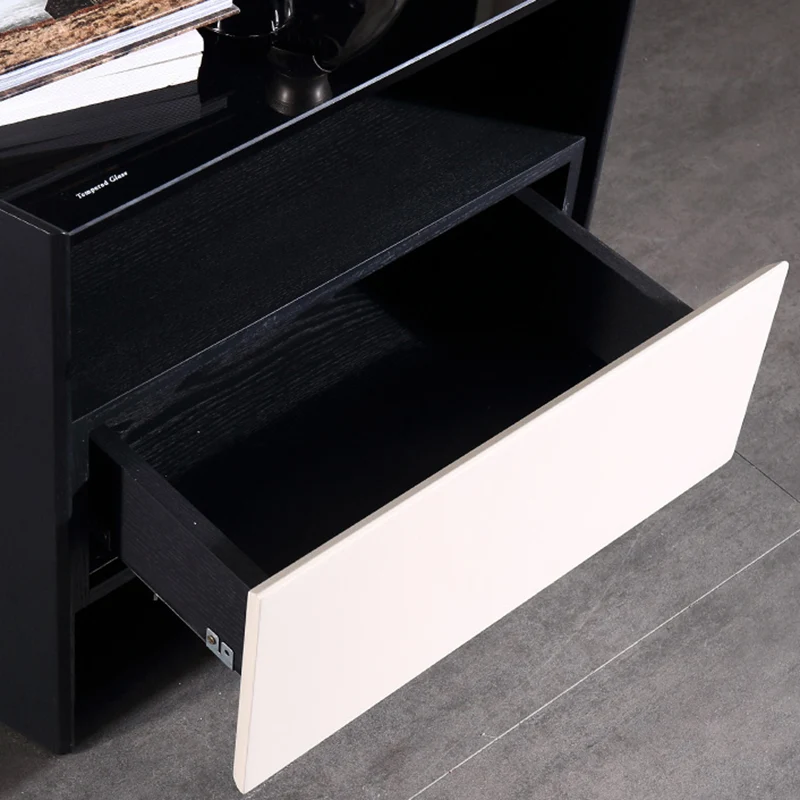 Modern Luxury Floating Dual Color Block Nightstand: Tempered Glass Top - Single Solid Wood Drawer Bedside Table For Bedroom