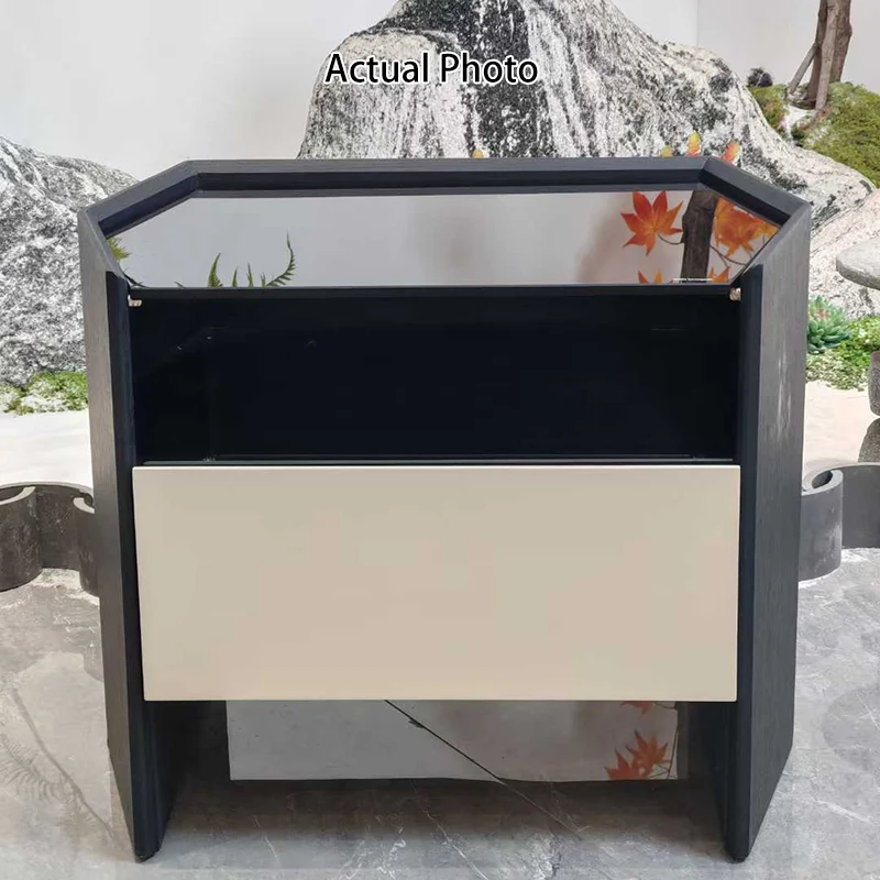 Modern Luxury Floating Dual Color Block Nightstand: Tempered Glass Top - Single Solid Wood Drawer Bedside Table For Bedroom