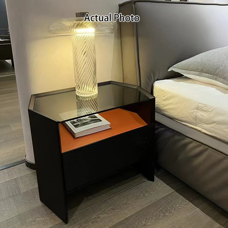 Modern Luxury Floating Dual Color Block Nightstand: Tempered Glass Top - Single Solid Wood Drawer Bedside Table For Bedroom