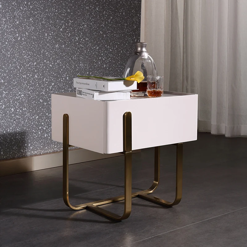 Modern Luxury Matte Beige Nightstand: Floating Design Titanium-Coated Stainless Steel-Single Drawer Bedside Table For Bedroom
