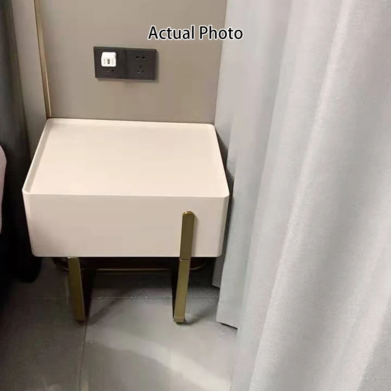 Modern Luxury Matte Beige Nightstand: Floating Design Titanium-Coated Stainless Steel-Single Drawer Bedside Table For Bedroom