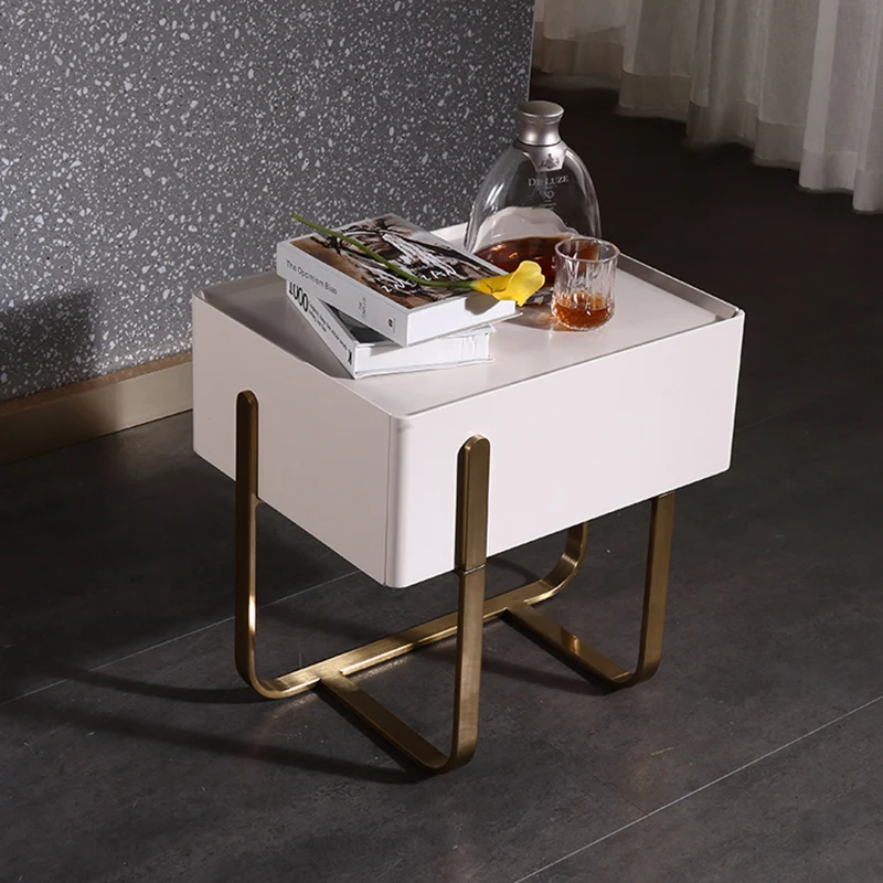 Modern Luxury Matte Beige Nightstand: Floating Design Titanium-Coated Stainless Steel-Single Drawer Bedside Table For Bedroom